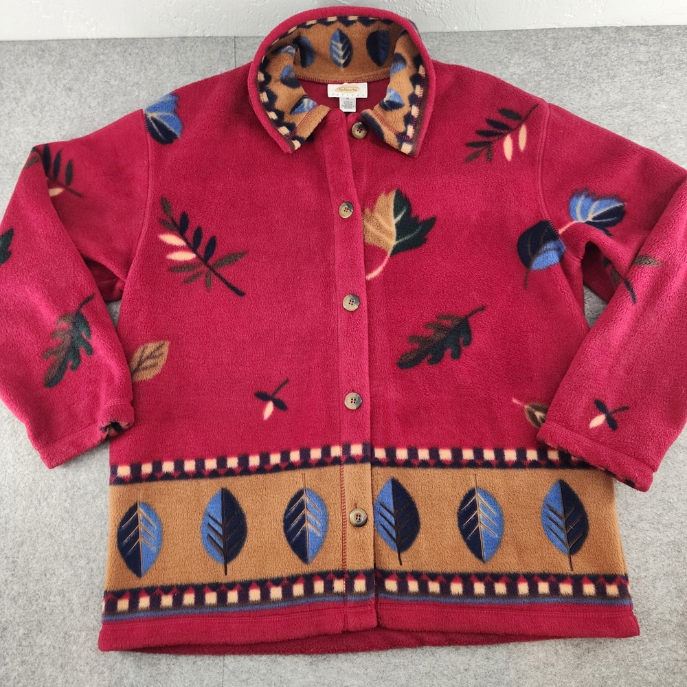 Talbots Petites M Red Leaf Print Fleece Button Up Jacket Fall Cabin Core Women